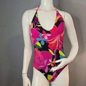 Trina Turk Pink and Black Floral One Piece Low Back Swimsuit Size 8